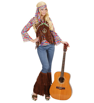 psychedelic Hippie Women Girl Shirt Weste Hose Stirnband Kette Kostüm Größe S