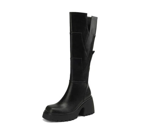 Mid Calf Boots Block Heel Round Toe Real Leather Womens Platform Side Zip Shoes - Bild 13 von 17