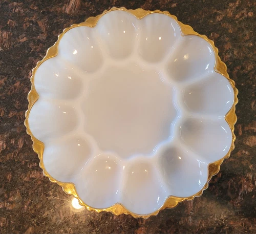 Vintage Deviled Egg Dish Plate Anchor Hocking White Milk Glass  10" Gold Trim