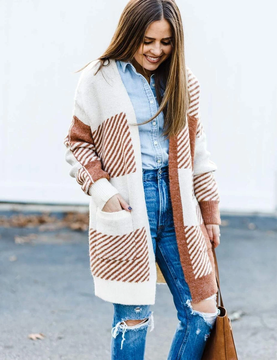MEROKEETY Womens Plaid Long Sleeve Open Front Cardigan Pockets