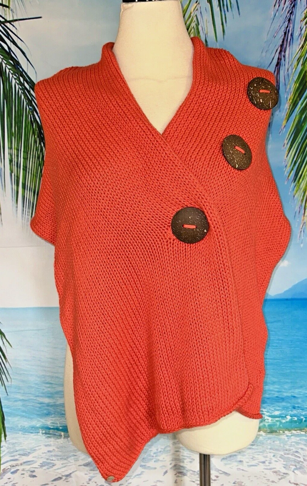 Pure Handknit Scarf Wrap Shawl Womens One Size Wood Buttons 100% Cotton Coral