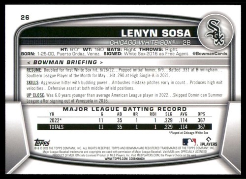 2023 Bowman #26 Lenyn Sosa Rookie - Picture 2 of 4