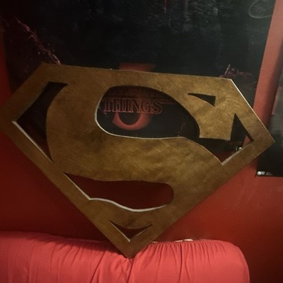 Wood Superman S Shield Logo Wall Mounted Plaque Sign, Brown/Black, Horizontal