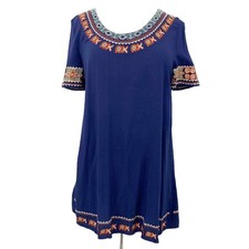 Mur Mur Mini Dress Womens Small Blue Embroidered Aztec Southwest Short Sleeve