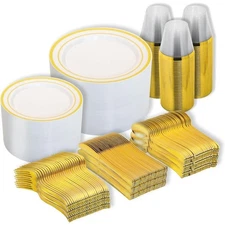 Disposable Plastic Plates Gold Dinnerware Set 600 PCS 100 Guests Includes Dinner