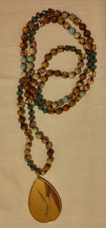 10g Cuadro Jaspe Colgante 2" X 1.25" + 28" Cuentas Collar Madera Piedra Vidrio 46g Foto 2 de 4