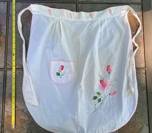 Vintage white cotton half apron w/pink flowers - hand embellished w/ embroidery