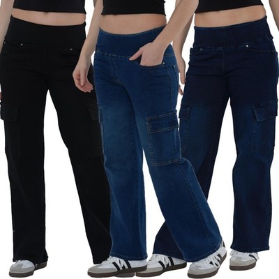 MYT Damen Tummy Control Wide Leg Cargo Pocket Jeans High Waist Stretchy Denim