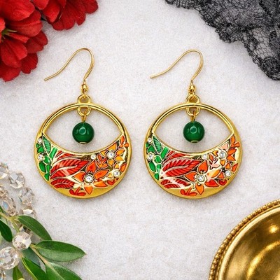 NWT Brighton Terra Tropica Enamel Floral Earrings Green Bead  Clear Crystal