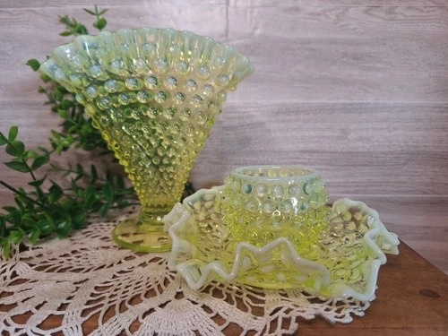 Vntg 3 piece Fenton Old Topaz Opalesent Hobnail Glass set, Collectable Glass,...