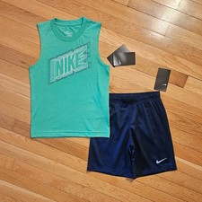 NEW Nike Little Boy Cotton Tank Tee  Dri-fit Short Set, Green/Navy sz 7 
