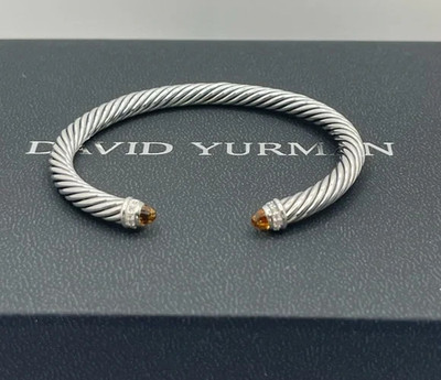 David Yurman Sterling Silver Blue Topaz and Diamonds 5mm Cable Cuff SMALL
