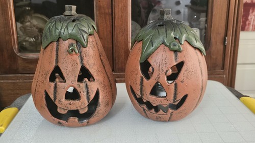 2 Lanternes Halloween Citrouille Jack-o-Lantern Métal Vintage - Pour Bougies Chauffe-plat, Accrochables