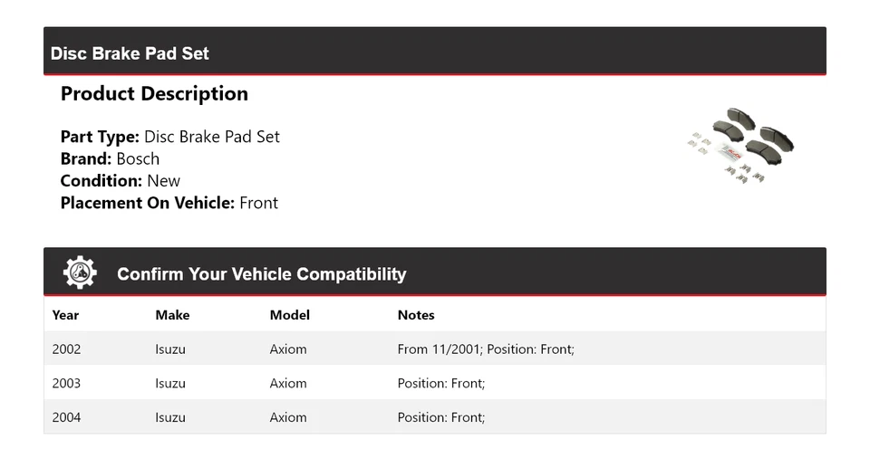 For 2002-2004 Isuzu Axiom Bosch Blue Ceramic Brake Pads with Hardware Front 2003 - Image 2 of 4
