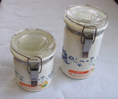 JAPAN VINTAGE 2 PC LARGE & SM 1 & ½ QRT ENAMEL KITCHEN STORAGE CONTAINERS - FS