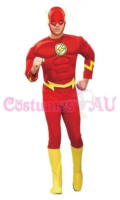 Funidelia Déguisement Flash Musclé – Combinaison + Masque + Surbottes, Rouge, Taille 7-9 Ans, Licence DC