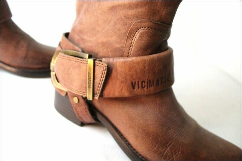 Bottes Cavalières Femme Vic Matie - Cuir Plissé Marron Cognac - Taille 35 - Talon 4.5cm - Occasion TB