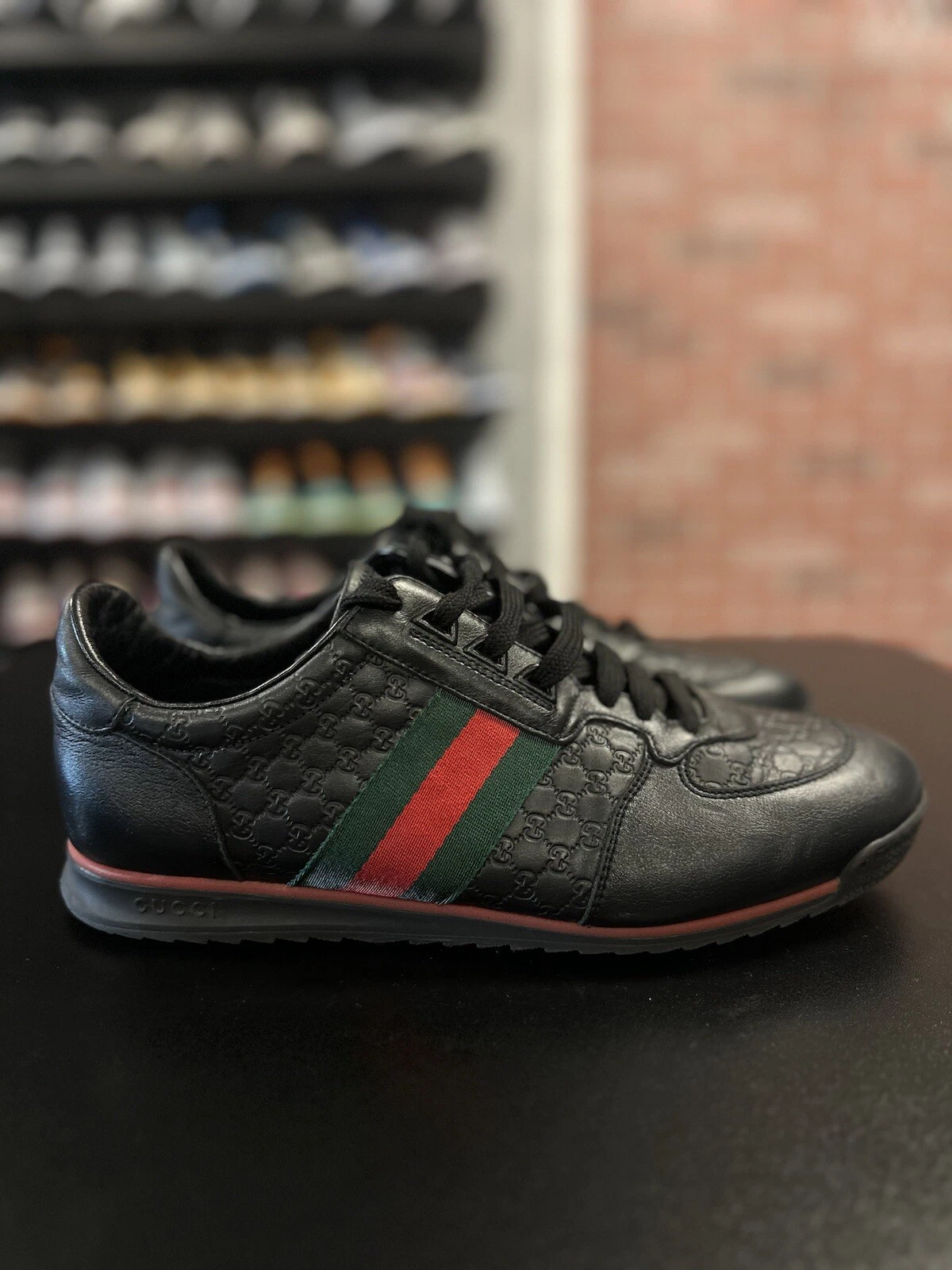 Baskets Gucci 8,5 G/9US Chaussures Gucci Micro Guccissima cuir noir toile haut bas Gucci