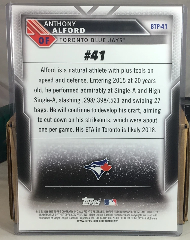 2016 BOWMAN SCOUTS TOP 100 5X7 #41 ANTHONY ALFORD TORONTO BLUE JAYS 33/49 - Image 2 of 2