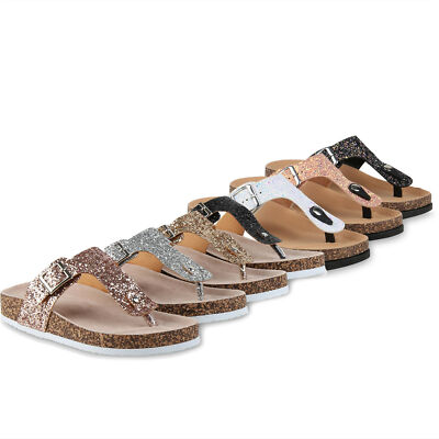 Damen Sandalen Zehentrenner Glitzer Komfort Sommer Plateau 823382 Schuhe 