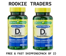 2 Pack Spring Valley Vitamin D3 Softgels, 125 mcg per Softgel, 5,000 IU, 250 Ct