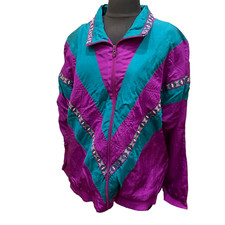 XL Vtg Womens Lavon Purple Teal Zip Up Long Sleeve Windbreaker Jacket 70 80 90s