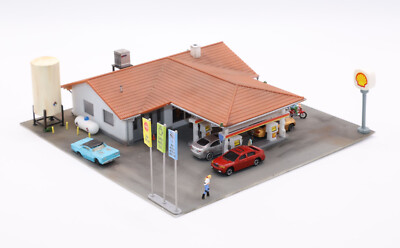 N Scale Shell Gas Station Car Repair Shop Diorama Hand Painted