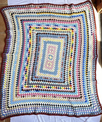 Vtg Rectangle Crochet Afghan 70's Granny Blanket Multicolor 48'' x 54  Rainbow