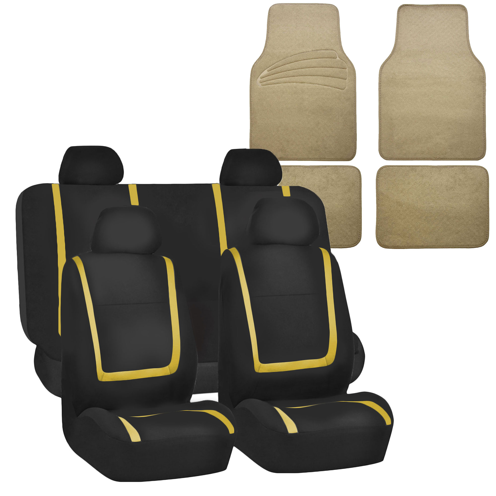 Universal Seat Covers For Auto Car Suv Van Yellow Combo w/ Beige Floor Mat