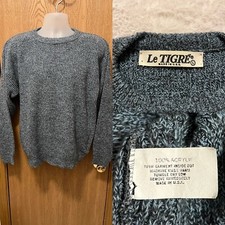 Vintage Le Tigre Sweater Unisex Large 100 Acrylic Made in USA Long Sleeve Blue
