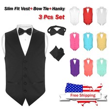 Men's SLIM FIT Dress Vest BOW Tie Hanky Set Formal Suit Tuxedo Waistcoat BowTie