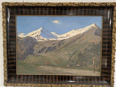 Gemälde Gebirgslandschaft in den Alpen mit Schnee + Wegkreuz  O. Klinkmüller