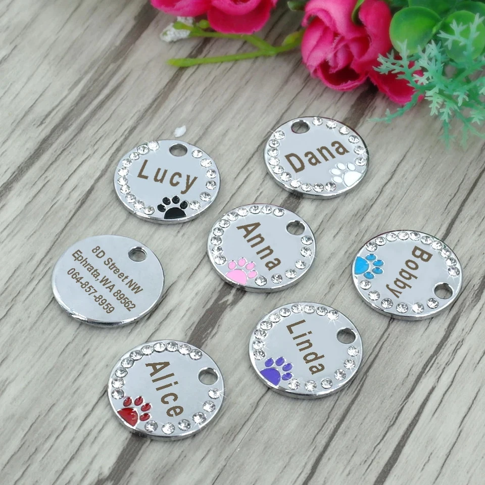 Personalised Pet ID Engraved Dog Cat Name Tag Customised Bling Rhinestone White - Image 3 of 4