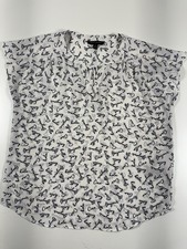 Banana Republic XS White/Blue Text Print V-Neck Tie Neck Chiffon Blouse