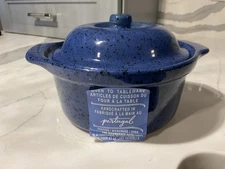 Cerutil Stoneware Portugal Clay Blue Round Pot Dish 7.5" x 6.5" Crock