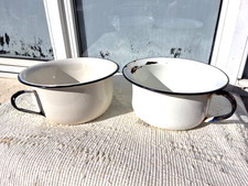 PAIR VINTAGE WHITE ENAMEL with BLUE TRIM CHAMBER POTS PLANTERS