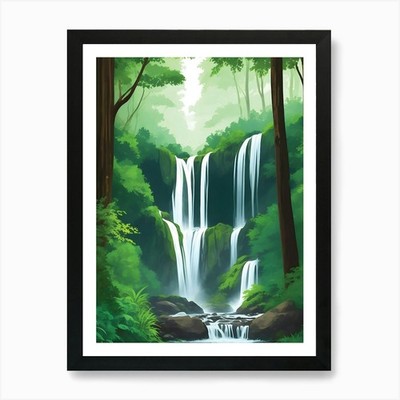 Rainforest Waterfall Landscape Art  Framed Wall Art Poster Canvas Print Picture