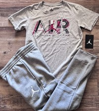 NWT Nike Air Jordan Boys YMD Gray/White/Black/Red FLIGHT Jogger Pants Set Medium