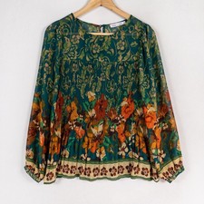 Figueroa  Flower Top Blouse Womens Sz Medium Teal Floral Pleated Boho 