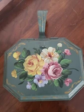 1940s HP ROSES TOLE SILENT BUTLER BOX Shabby RARE Chic PALE Green VINTAGE Old