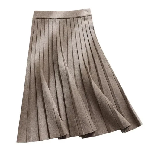 Women Knitted Midi Skirt Black A-Line High Waist Elegant Pleated Long Skirt - Picture 16 of 20