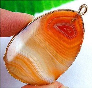 Authentic 50x33x5mm Gold Plated Orange Stripes Onyx Agate Slab/slice Pendant Bead EA80913