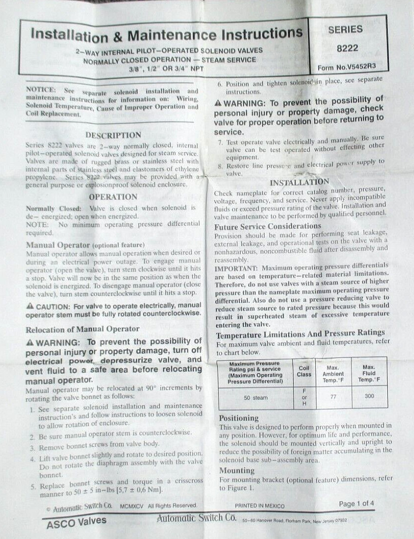 ASCO Steam Solenoid Valve 8222B95, 0-50 PSI, 3/4" NPT, 120V 60Hz -or- 110V 50Hz