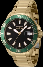 Invicta Men Pro-Diver Watch 45MM Case Gold Tone Black Dial Green Bezel Japan MOV