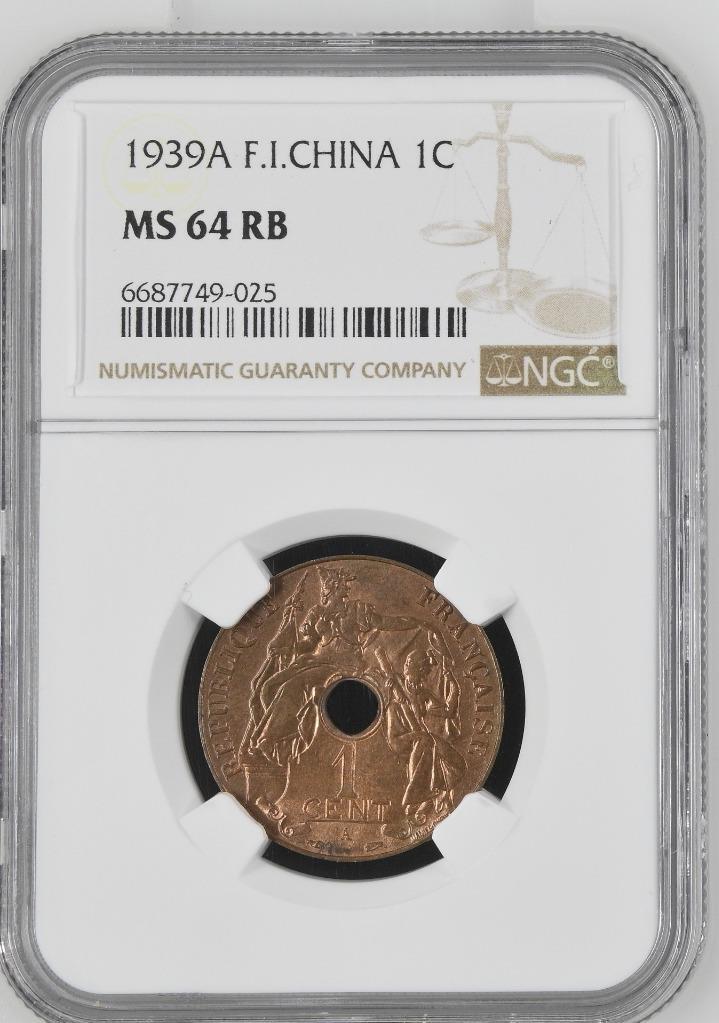 French Indochina 1 Cent 1939A NGC MS 64 RB