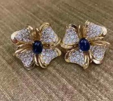 2.3Ctw Oval Cut Lab Created Sapphire Flower Stud Earrings 14K Yellow Gold Plated