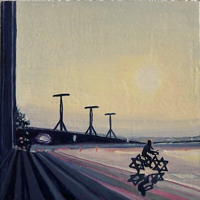 ''Neue Räder bei Sonnenuntergang'' - Ölgemälde Original, 15 x 15 cm 