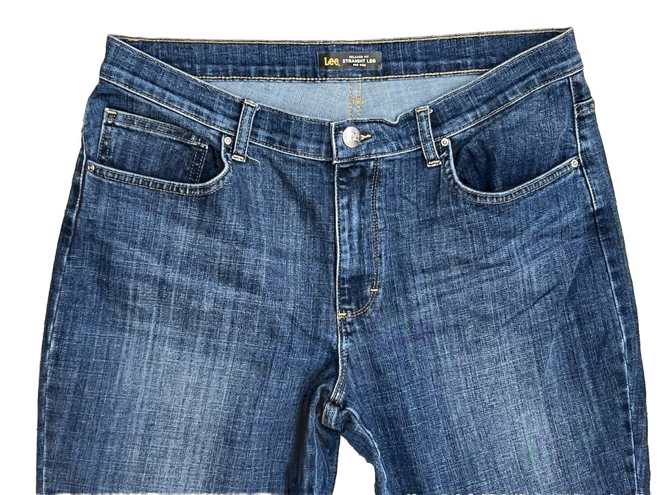Lee Relaxed Fit Straight Leg Stretch Jeans Women's 14 Short Blue Mid