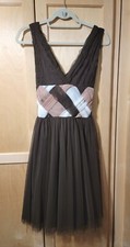 Kaelyn Max Evening Party Brown & Ivory Chiffon Criss-Cross Bodice Dress, Size 6