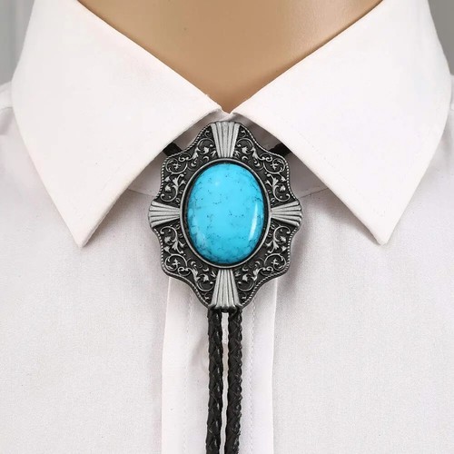 4 Cravates Bolo Western En Cuir LOLIAS - Style Cowboy Turquoise Et Noir - Accessoire Homme Femme